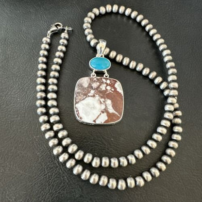 Men's Wild Horse Blue Kingman Turquoise Necklace | Sterling Silver SW Pendant | Multi-Stone | 17324