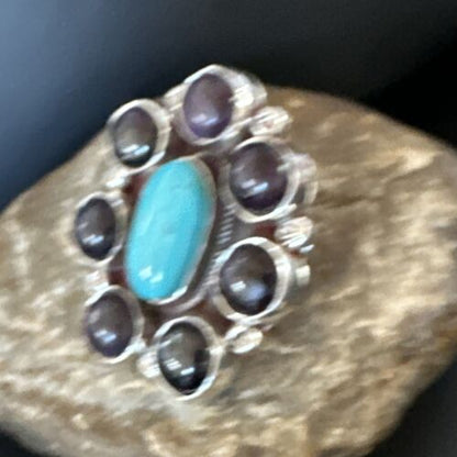 Navajo Cluster Blue Kingman Turquoise Sugilite Ring | Authentic Native American Sterling Silver | Multi-Stone | Sz 8 | 16774