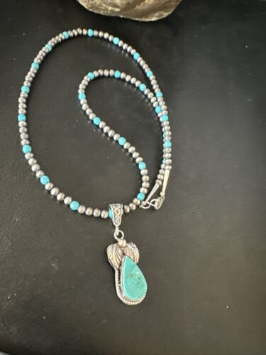 Navajo Pearls Kingman Turquoise Pendant Necklace | Sterling Silver | Authentic Native American Handmade | 14892