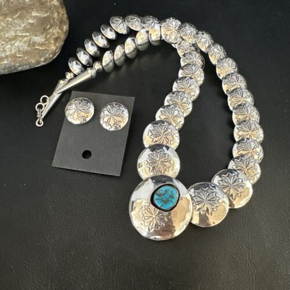 Navajo Sterling Silver Turquoise Pillow Stamped Bead Necklace Set | Authentic Native American Handmade | 15132 - Masha USA