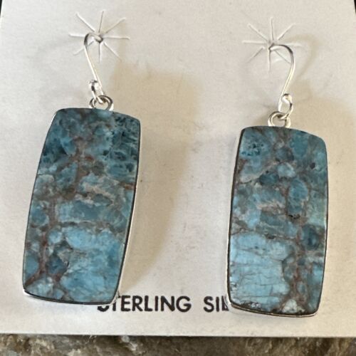 Navajo Blue Turquoise Dangle Earrings | Sterling Silver | Authentic Native American Handmade | 15437