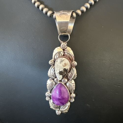 Navajo Pearls Pendant | White Buffalo Turquoise & Sugilite | Sterling Silver | Native American Handmade | 16869