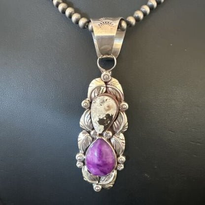 Navajo Pearls Pendant | White Buffalo Turquoise & Sugilite | Sterling Silver | Native American Handmade | 16869