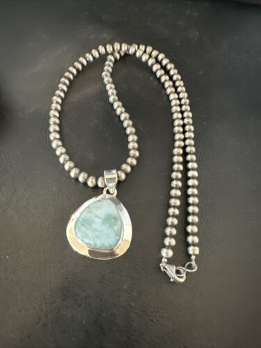 Navajo Blue Larimar Pendant Necklace | Sterling Silver Beads | Authentic Native American Handmade | 17605