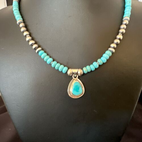 Navajo Blue Kingman Turquoise Pendant Necklace | Sterling Silver | 21" | Authentic Native American Handmade | 16933