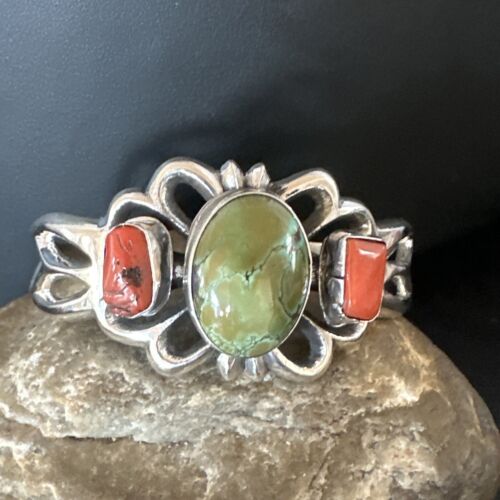 Royston Turquoise Coral Cuff Bracelet | Navajo Tufa Cast | Sterling Silver | Authentic Native American Handmade | 16778