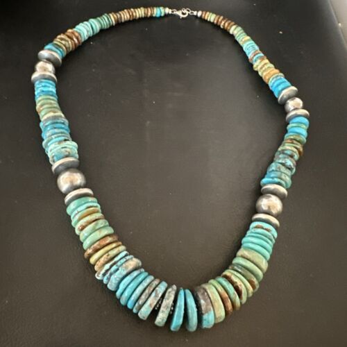 Blue-Green Turquoise Necklace | Navajo Sterling Silver | Authentic Native American Handmade | 21" | 16960