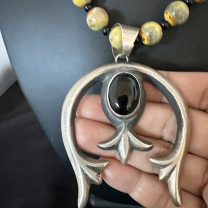Men's Black Onyx Naja Pendant | Navajo Bumblebee Sterling Silver Necklace | Authentic Native American Handmade | 16092 - Masha USA