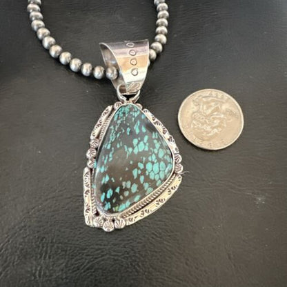 Men's Spiderweb Turquoise Pendant Necklace | Navajo Pearls | Sterling Silver | Native American Handmade | 17066