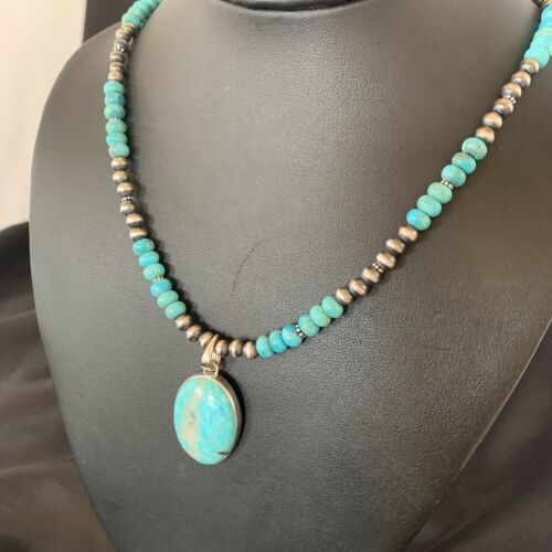 Navajo Pearls Necklace with Blue Kingman Turquoise Pendant | Sterling Silver | 11863