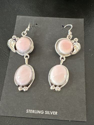 Navajo Pink Conch Shell Dangle Earrings | Sterling Silver | Authentic Native American Handmade | 17198