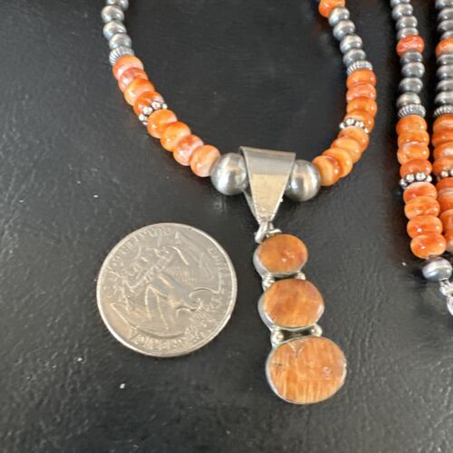 Navajo Orange Spiny Oyster Pendant Necklace | Sterling Silver | Multi-Stone | Authentic Native American Handmade | 15254