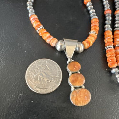 Navajo Orange Spiny Oyster Pendant Necklace | Sterling Silver | Multi-Stone | Authentic Native American Handmade | 15254