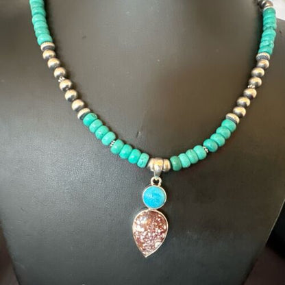 Navajo Wild Horse | Blue Kingman Turquoise Pendant Necklace | Sterling Silver | Authentic Native American Handmade | 17577