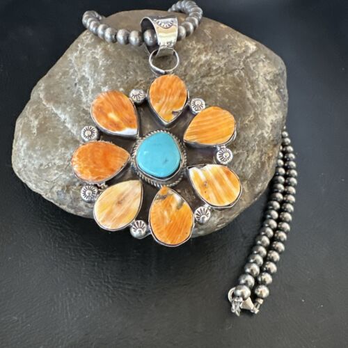 Navajo Blue Turquoise | Spiny Oyster Pendant Necklace | Sterling Silver | Multi-Stone | 16862
