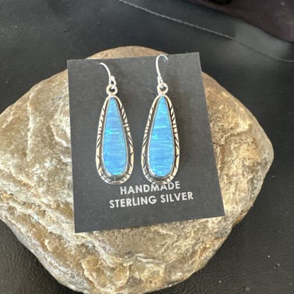 New Blue Opal Inlay Dangle Earrings | Sterling Silver | Authentic Native American Handmade | 16548