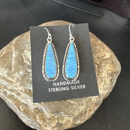 New Blue Opal Inlay Dangle Earrings | Sterling Silver | Authentic Native American Handmade | 16548