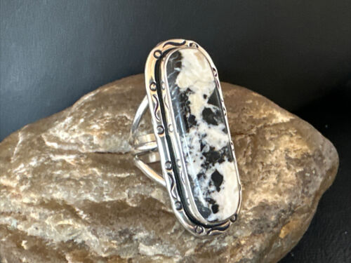 White Buffalo Turquoise Navajo Ring | Sterling Silver | Sz 9 | Authentic Native American Handmade | 16387