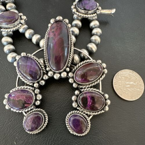 Navajo Purple Sugilite Squash Blossom Naja Pendant | Sterling Silver | Native American Handmade | 17206