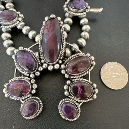 Navajo Purple Sugilite Squash Blossom Naja Pendant | Sterling Silver | Native American Handmade | 17206