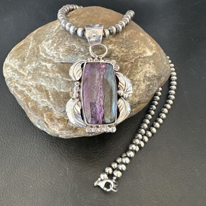 Navajo Pearls Purple Sugilite Pendant Necklace | Sterling Silver Beads | Authentic Native American Handmade | 16460