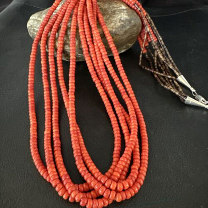 Navajo Red Spiny Oyster Shell Necklace | 5 Strand | Sterling Silver | 26" | Authentic Native American Handmade | 15530