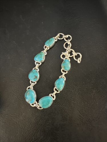 Navajo Blue Turquoise Link Bracelet | Sterling Silver | 8" | Authentic Native American Handmade | 15475