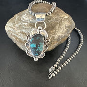Navajo Blue Spiderweb Turquoise Pendant Necklace | Sterling Silver | Native American Handmade | 15096