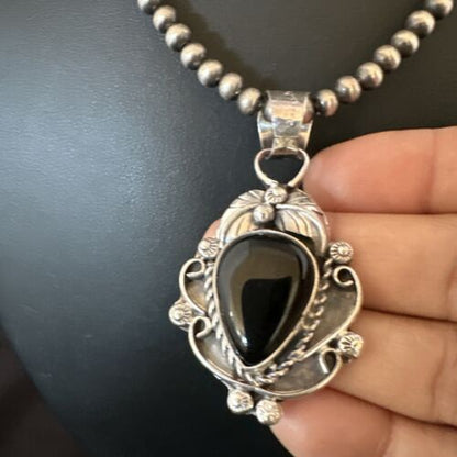 Navajo Pearls Black Onyx Necklace Pendant | Sterling Silver | Authentic Native American Handmade | 16525