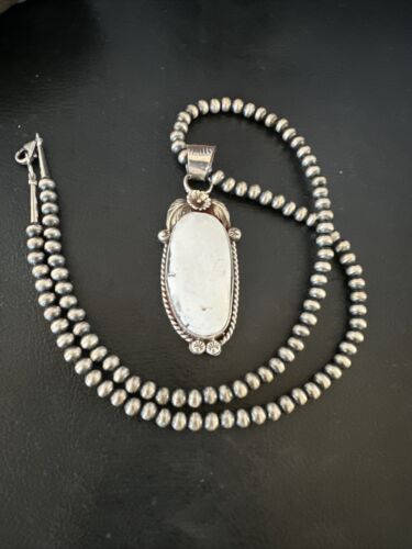 Navajo White Buffalo Turquoise Pendant Necklace | Sterling Silver | Authentic Native American Handmade | 15616
