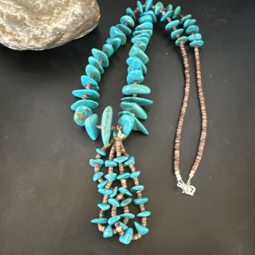 Santo Domingo Spiny Blue Kingman Turquoise Shell Jacla Necklace | 29" | Authentic Native American Handmade | 16000