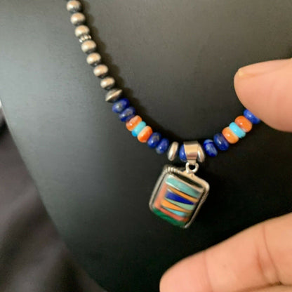Navajo Native American Multicolor Turquoise Spiny Inlay Pendant Necklace | Sterling Silver | 10335