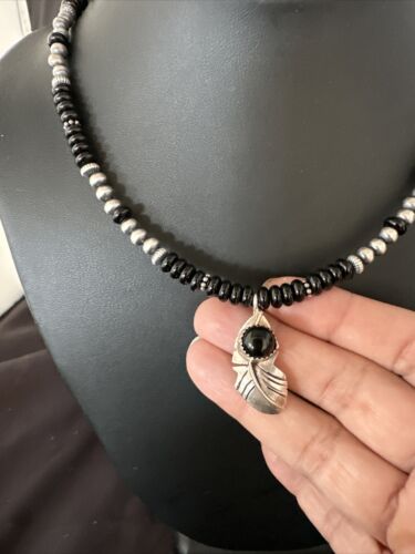 Navajo Black Onyx Pendant | Pearl Sterling Silver Necklace | Authentic Native American Handmade | 14899