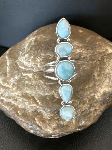 Navajo Blue Larimar Cluster Ring | Authentic Native American Sterling Silver | Multi-Stone | Sz 7.5 | 15943