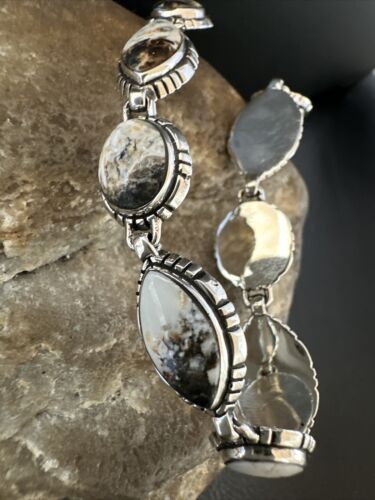 White Buffalo Turquoise 8-Stone Navajo Sterling Silver Link Bracelet 8" | Handmade | 16379