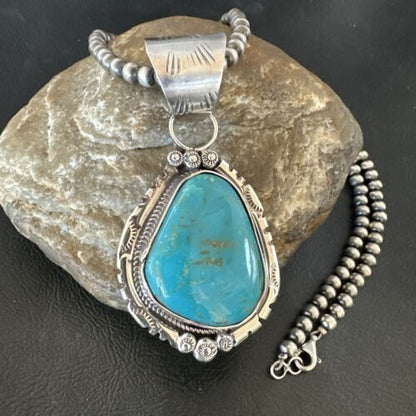 Navajo Pearls Kingman Turquoise Necklace | Sterling Silver | Authentic Native American Handmade | 17131