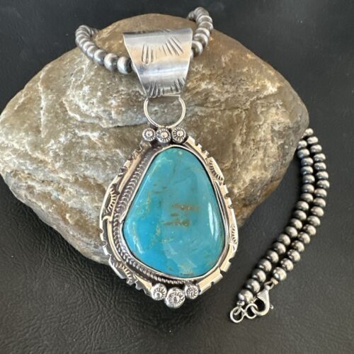 Navajo Pearls Kingman Turquoise Necklace | Sterling Silver | Authentic Native American Handmade | 17131