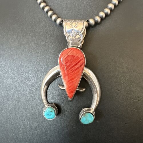 Navajo Blue Turquoise Red Spiny Oyster Naja Pendant | Sterling Silver | Authentic Native American Handmade | 16409