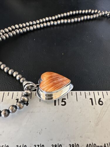 Navajo Orange Heart Spiny Oyster Pendant | Sterling Silver Necklace | Authentic Native American Handmade | 15006