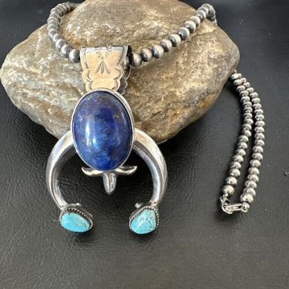 Blue Turquoise Lapis Lazuli Naja Pendant | Navajo Sterling Silver | Authentic Native American Handmade | 16412