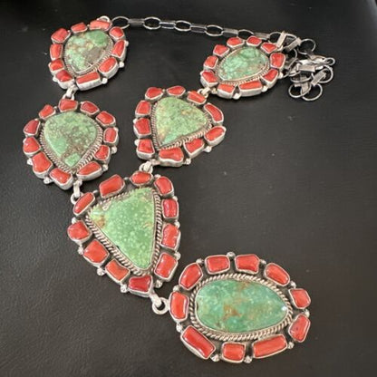 Navajo Green Turquoise and Coral Lariat Necklace Pendant | 23" | Authentic Native American Handmade | 16191