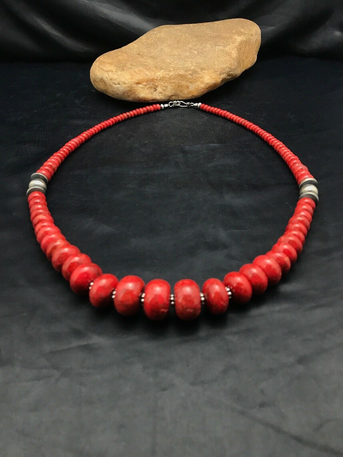 Navajo Sterling Silver Necklace with Apple Sponge Coral Beads | Authentic Native American Jewelry | 25" | 3262