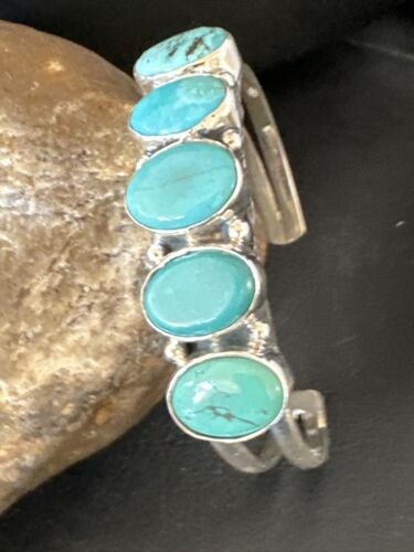 Women's Blue Turquoise 5-Stone Cuff Bracelet | Navajo Sterling Silver | Authentic Native American Jewelry | 16281