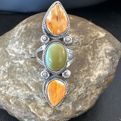 Navajo Green Turquoise Spiny Oyster Multi-Stone Ring | Authentic Native American Sterling Silver | Sz 10 | 16711