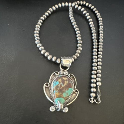 Navajo Blue Turquoise Pendant Necklace | Sterling Silver Pearls | Authentic Native American Handmade | 15649