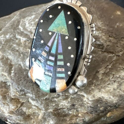 Navajo Green Turquoise Spiny Oyster Inlay Ring | Sterling Silver | Sz 7.5 | 16333