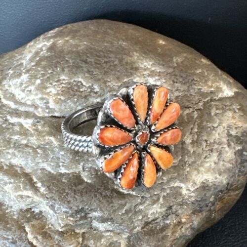 Navajo Orange Spiny Oyster Cluster Ring | Authentic Native American Sterling Silver | Multi-Stone | Sz 9 | 16332