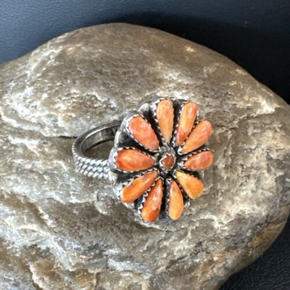 Navajo Orange Spiny Oyster Cluster Ring | Authentic Native American Sterling Silver | Multi-Stone | Sz 9 | 16332