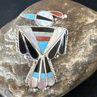 Zuni Turquoise Onyx Peyote Bird Inlay Ring | Sterling Silver | Sz 7 | Authentic Native American Handmade | 15390