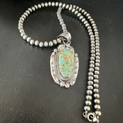 Navajo Blue Turquoise #8 Pendant | Sterling Silver Necklace with Pearls | Authentic Native American Handmade | 15904